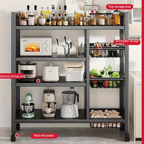 4-Tier Rolling Storage Rack with Baskets, Metal Utility Shelf on Wheels, Kitchen Garage Organizer