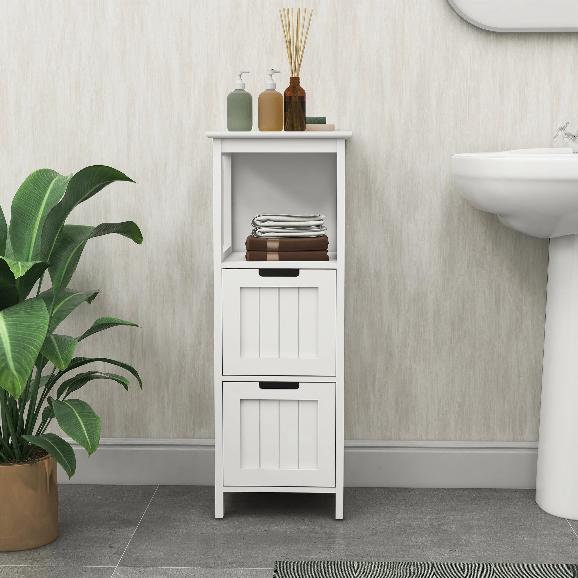 Bathroom Floor Cabinet with 2 Drawers and 1 Storage Shelf,Freestanding Wood Storage Organizer Cabinet，White