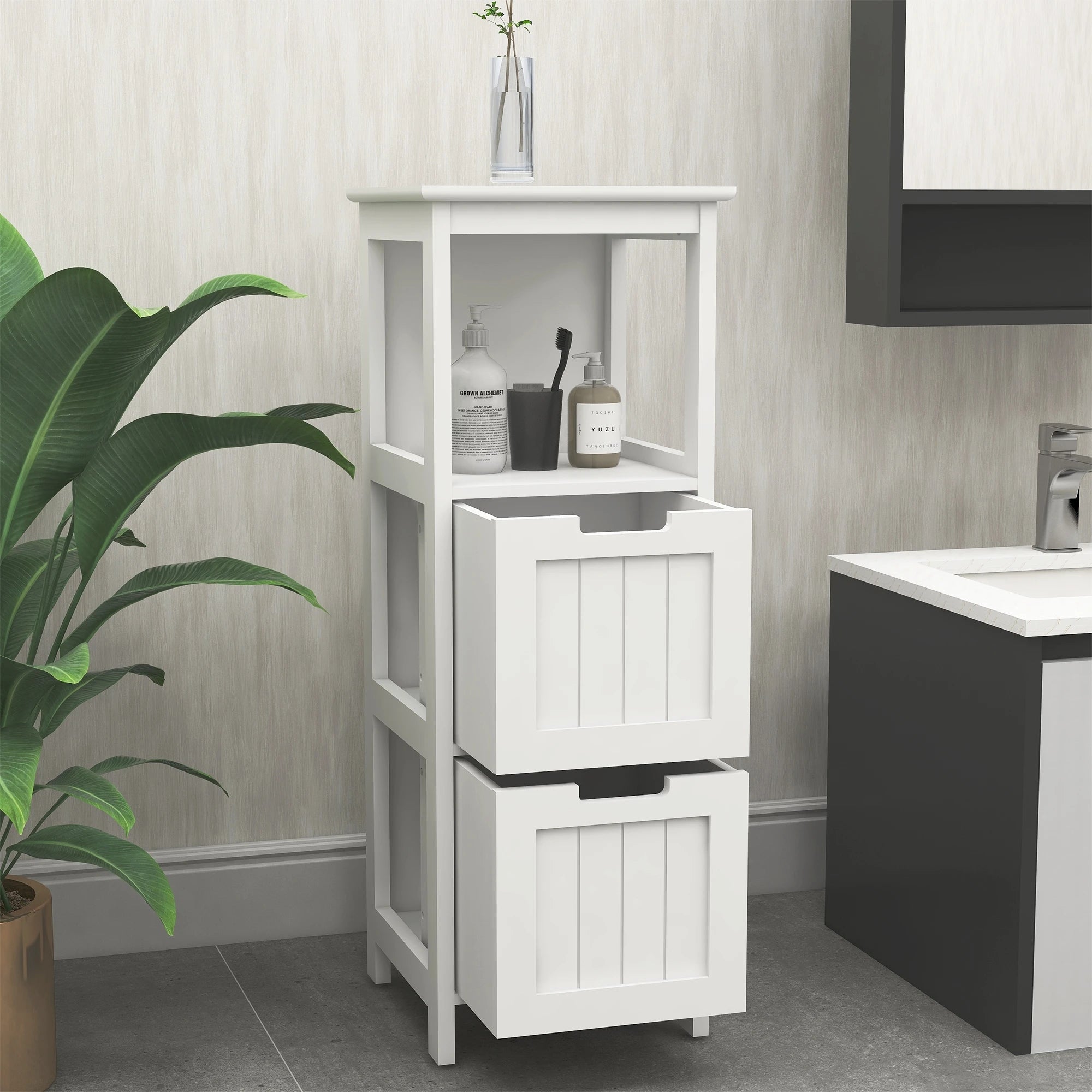 Bathroom Floor Cabinet with 2 Drawers and 1 Storage Shelf,Freestanding Wood Storage Organizer Cabinet，White