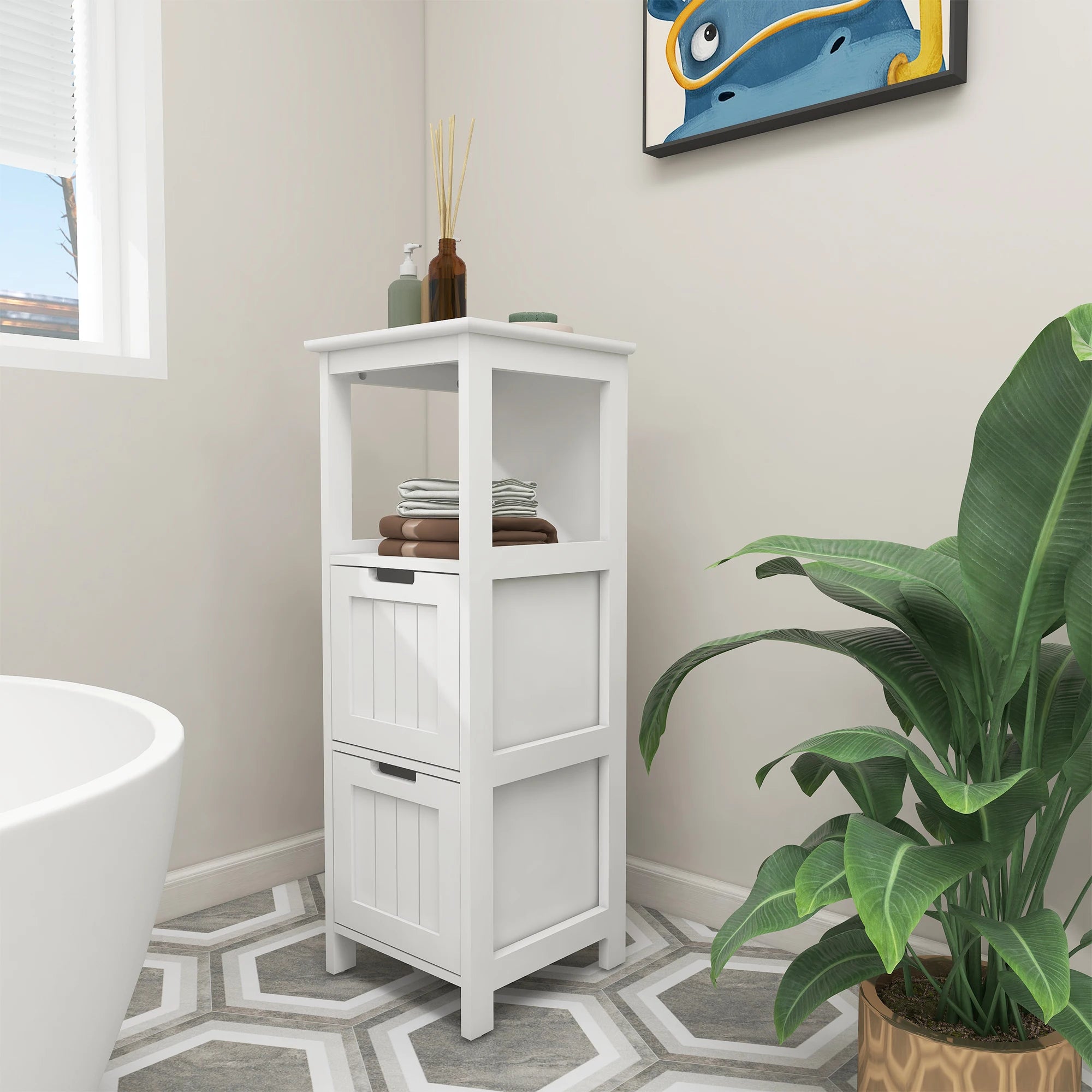 Bathroom Floor Cabinet with 2 Drawers and 1 Storage Shelf,Freestanding Wood Storage Organizer Cabinet，White