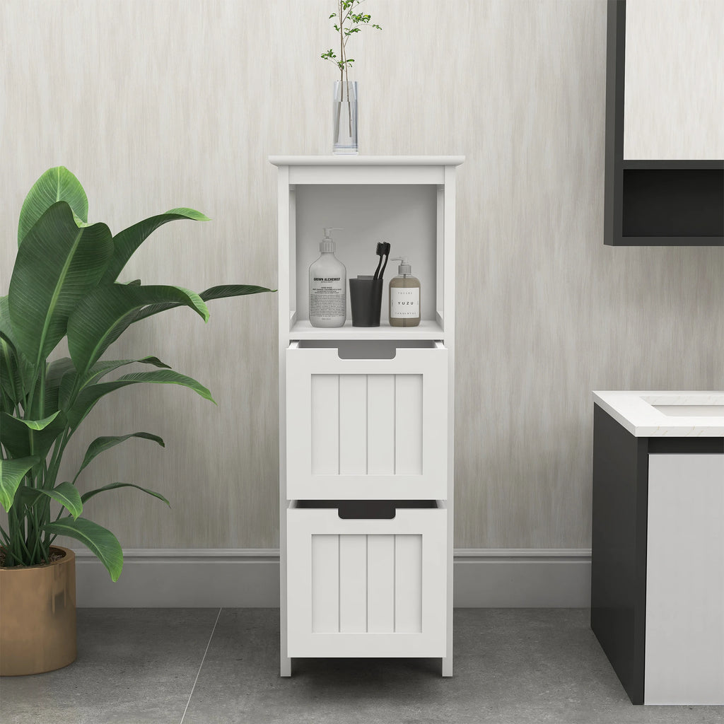 Bathroom Floor Cabinet with 2 Drawers and 1 Storage Shelf,Freestanding Wood Storage Organizer Cabinet，White